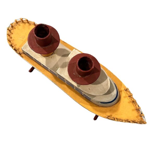 Yellow and White Wood and Metal Boat Decor with Candle Holders - Picture 5 of 7